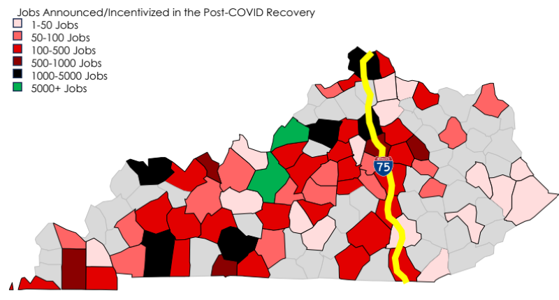 County map showing number of jobs announced post Covid per county using red to black gradient scale