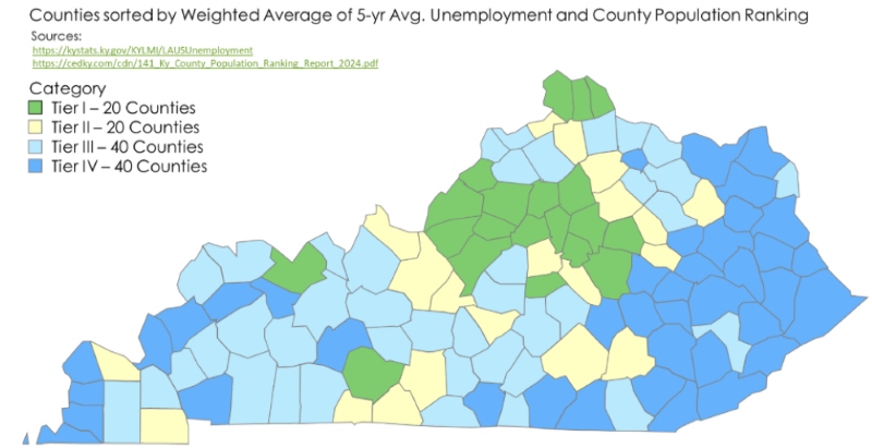 County map showing four tier system as assigned based on 5 yr unemployment average