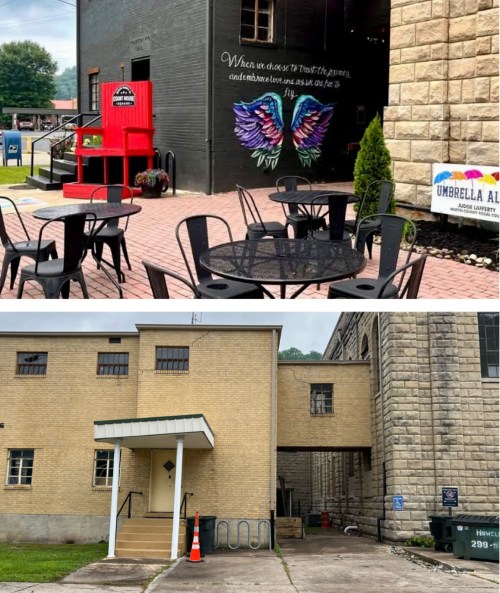 before and after photo of building front with a crooked awning transformed into a street cafe with table and a mural with angel wings painted on the building next door
